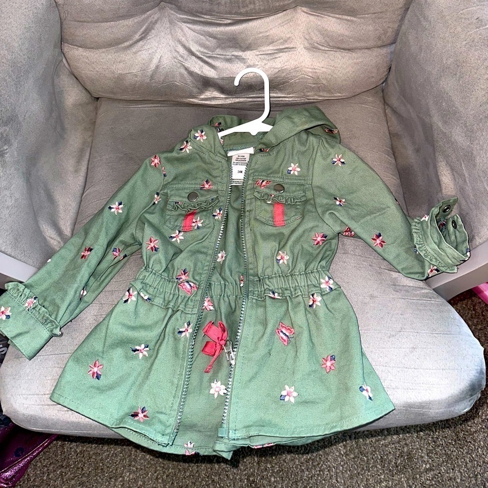 Girls Toddler Jacket 24M - Green with Pink Flower Details